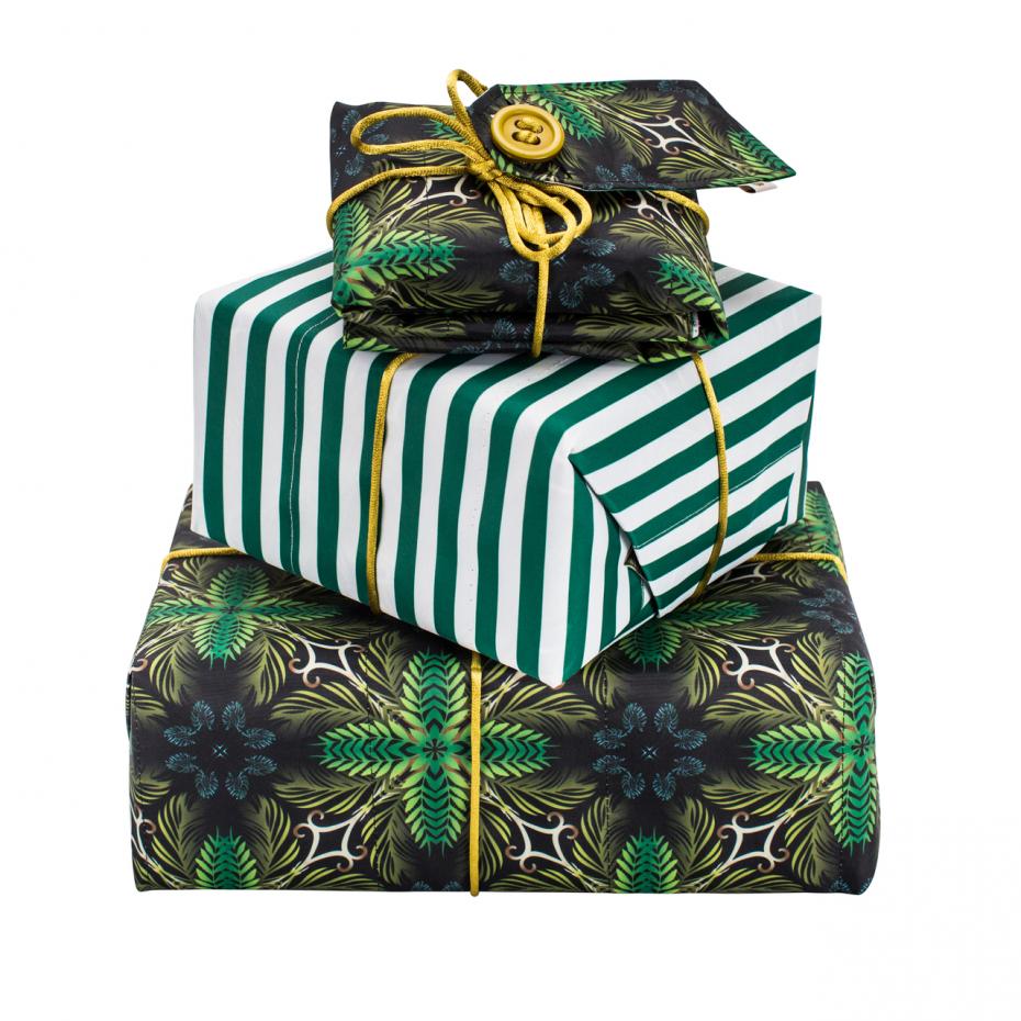 Wrag Wrap's Reversible Crackle Wrap -  Wrapped gifts in Victorian Jungle and Gentleman's Stripes prints